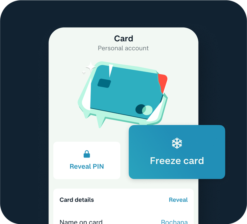 Monzo app card screen with options to reveal PIN and freeze the card.