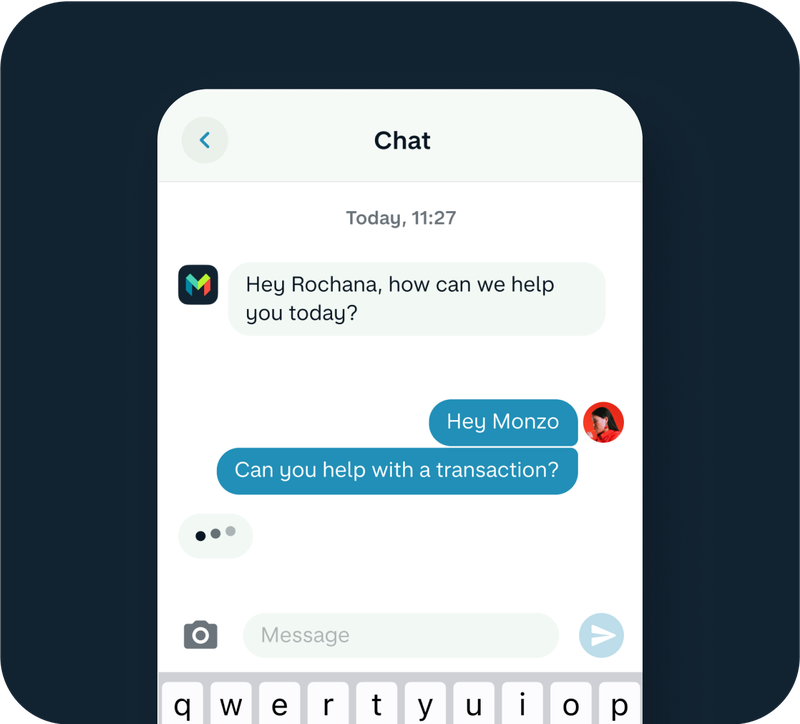 Monzo app in-app chat with a support agent about a transaction.