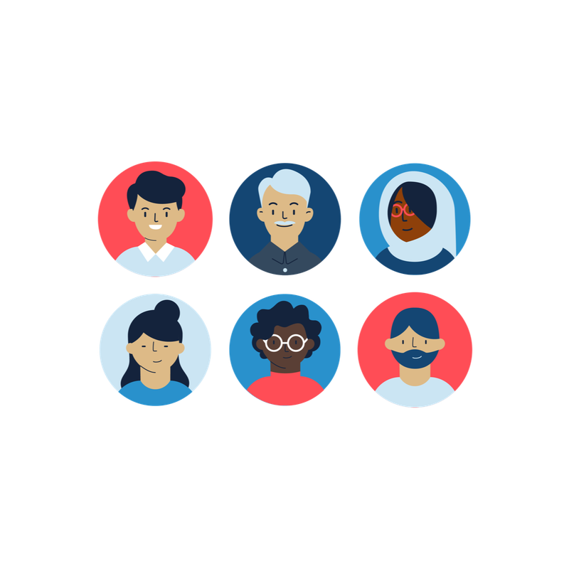 Illustration of six diverse people's avatars in coloured circles