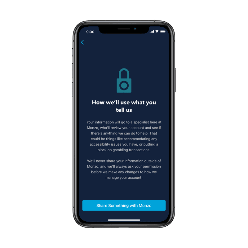 Monzo app screen with a padlock icon headed 'How we'll use what you tell us', with a 'Share something with Monzo' button
