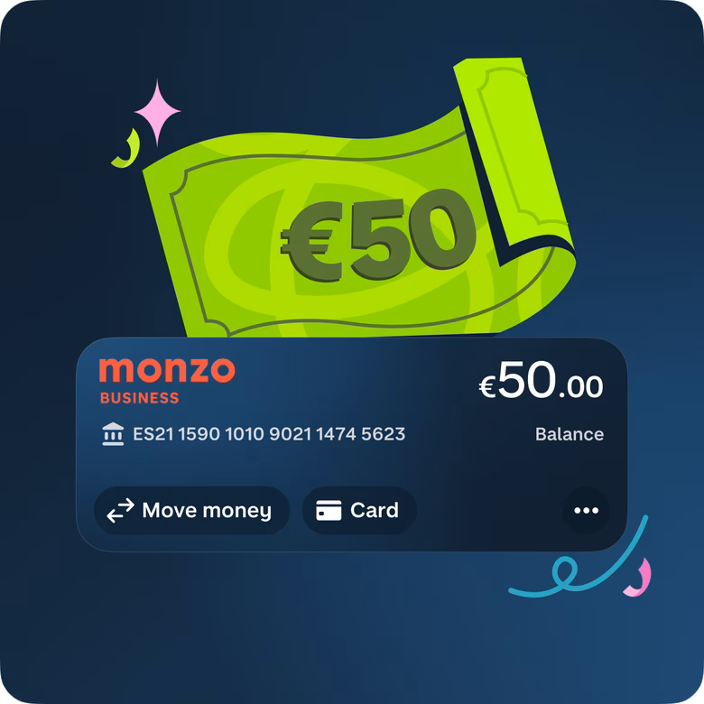 Navy Monzo business account showing a €50 reward being added to the account.