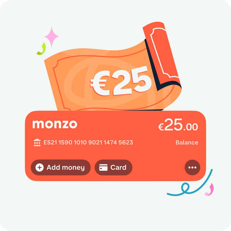 Hot coral Monzo personal account showing a €25 reward being added to the account.