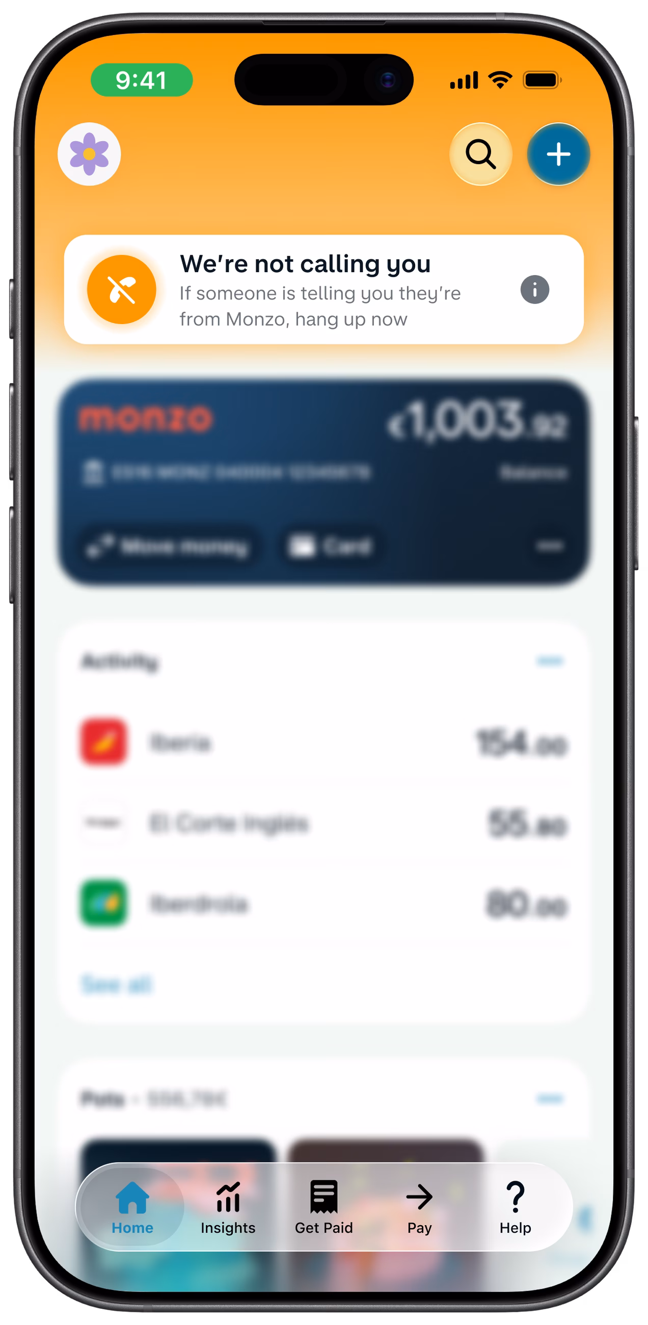 The Monzo Business app home screen showing a "We're not calling you" scam-call warning.