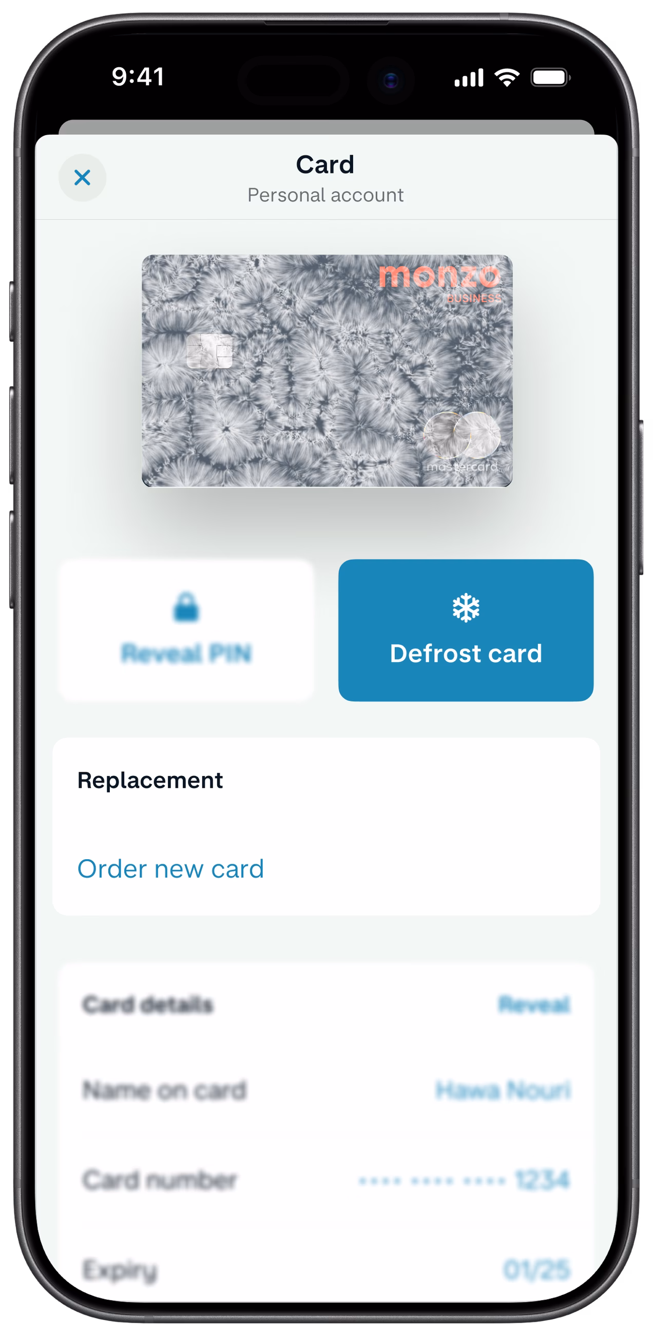 The Monzo Business app card screen with options to freeze the card, show the PIN or order a replacement.