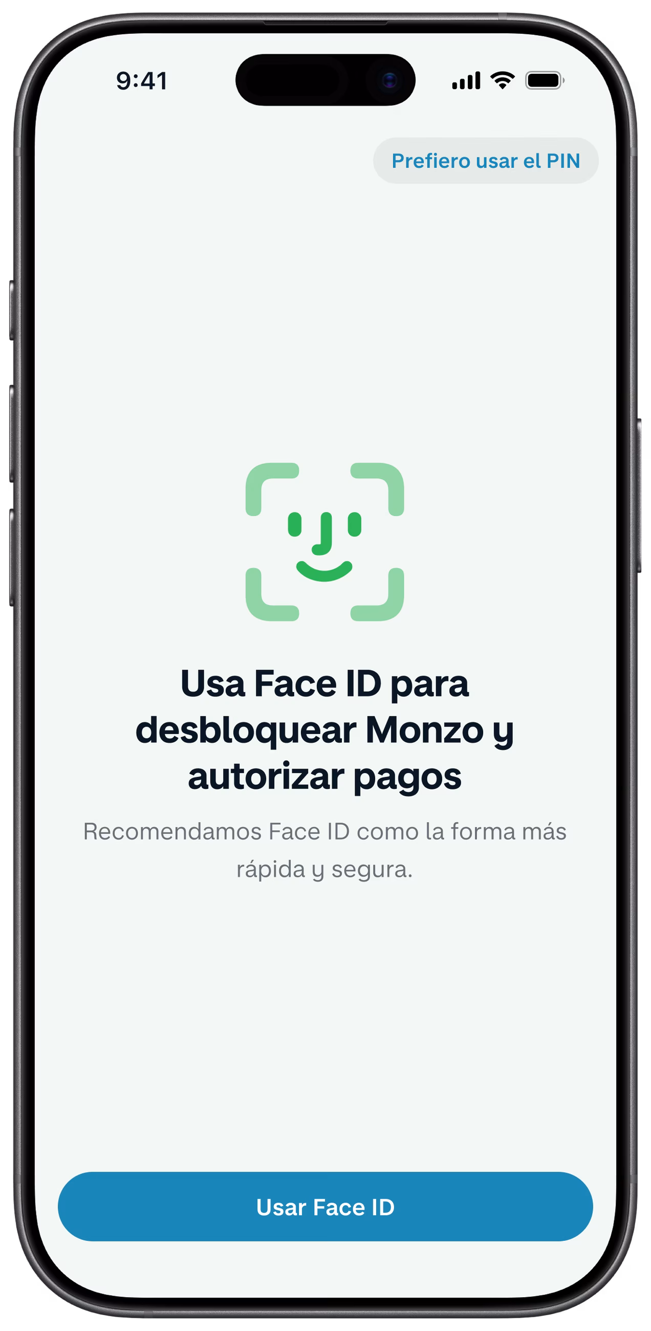 Un smartphone muestra la pantalla de configuración del reconocimiento facial biométrico de la aplicación de Monzo, con un icono verde de reconocimiento facial y un texto que pide al usuario que lo active.