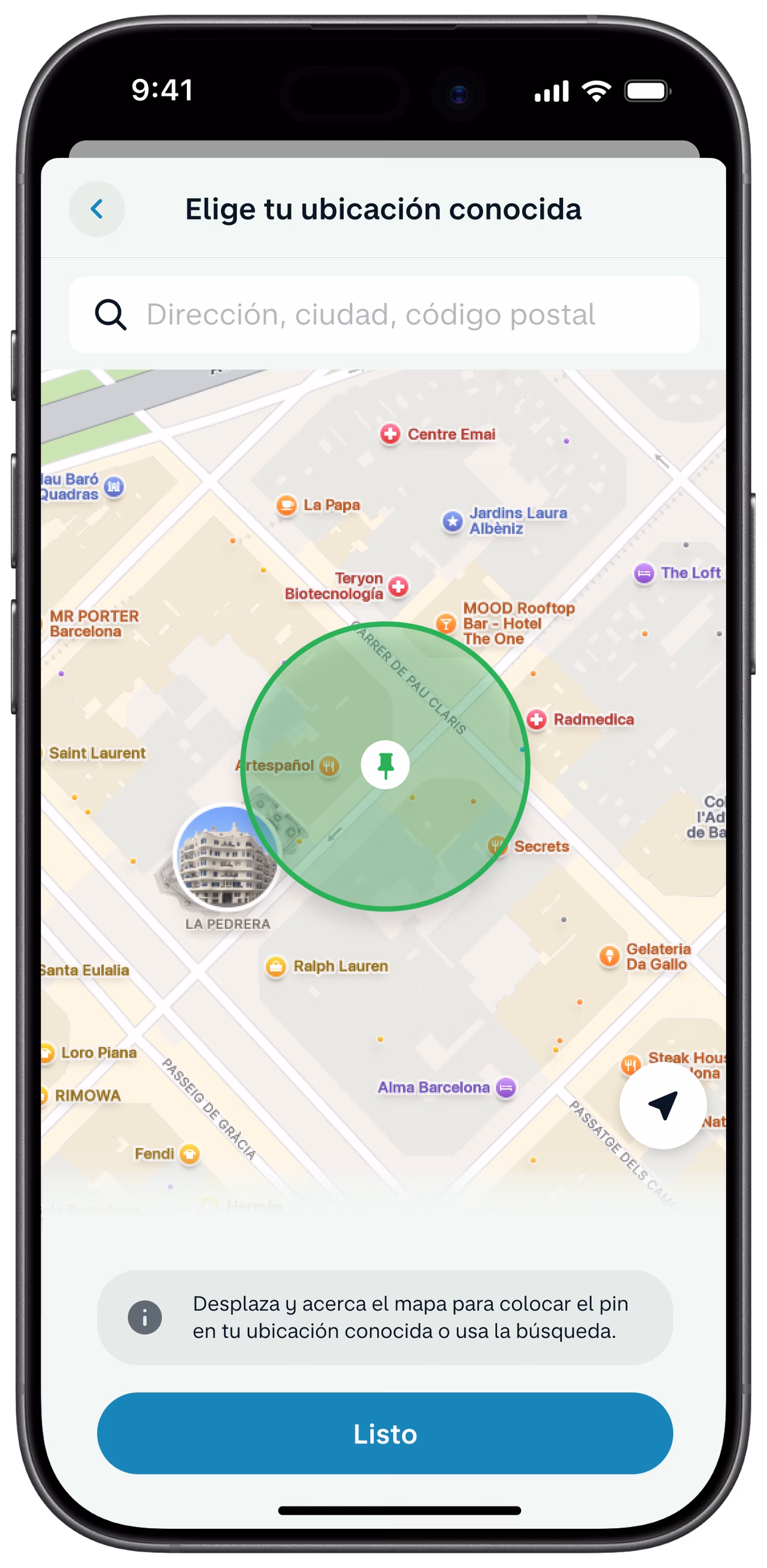 Interfaz de la aplicación de Monzo que permite al usuario colocar un marcador en un mapa para fijar una ubicación segura como medida extra de seguridad al pagar.