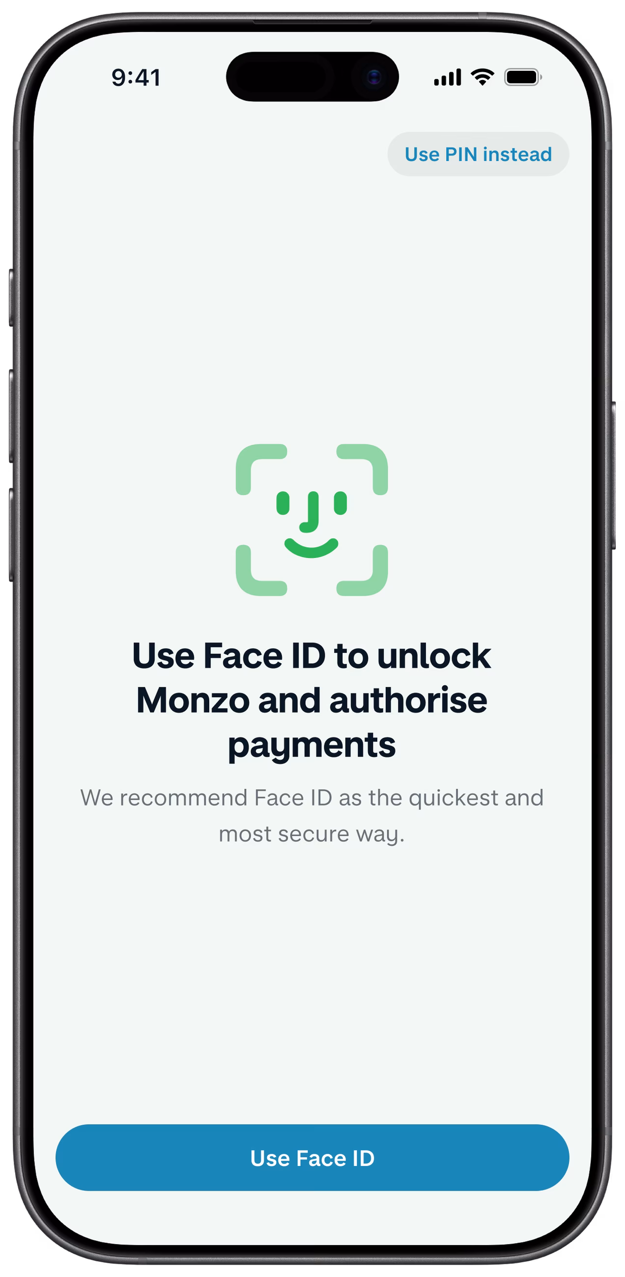 The Monzo Business app prompting the user to set up Face ID to unlock the app and approve payments.