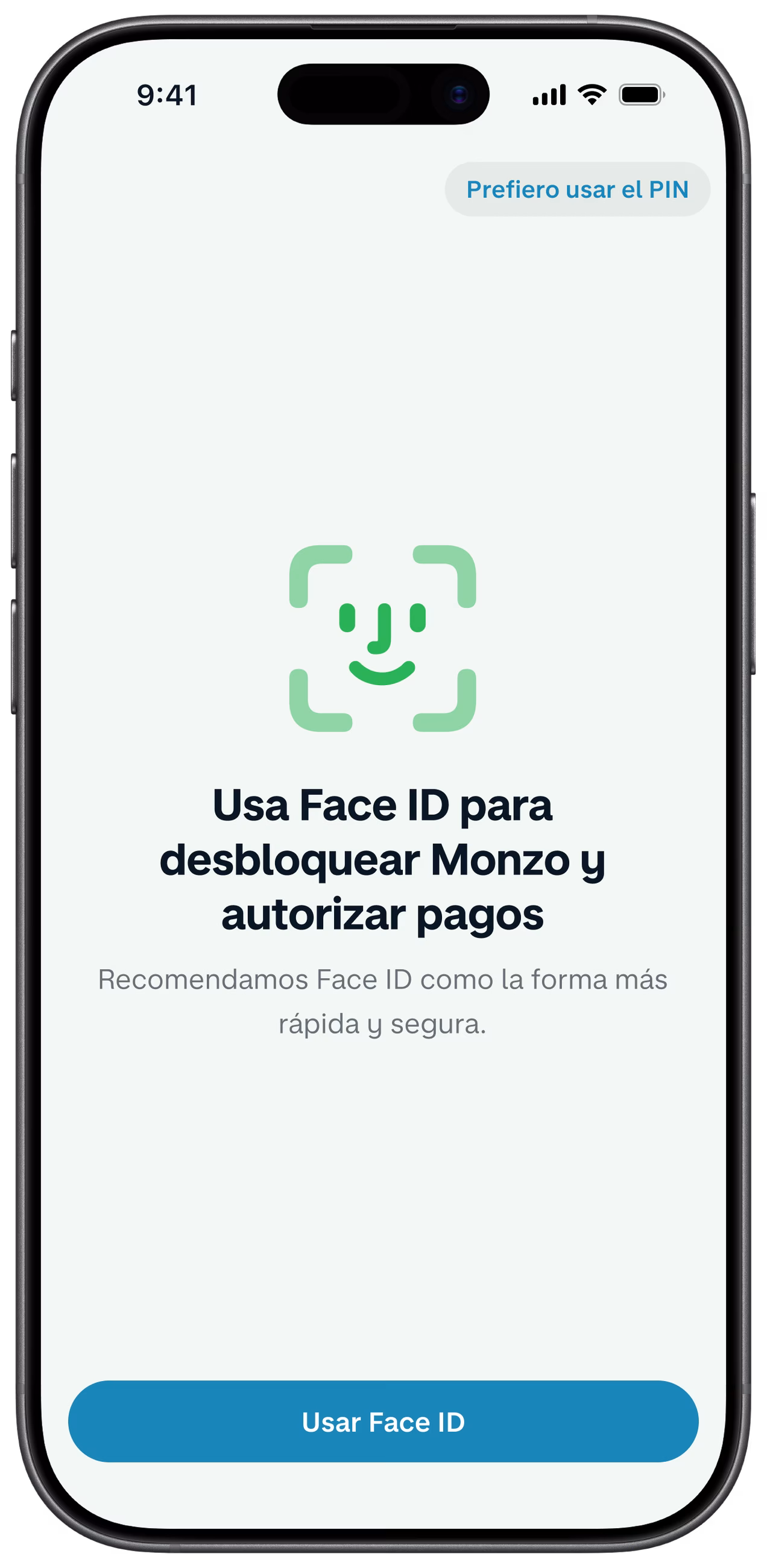 Interfaz de la aplicación de Monzo que pide al usuario que configure el Face ID para desbloquear la aplicación y aprobar pagos.
