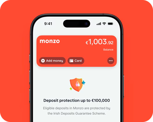 The Monzo app showing the Hot Coral card and balance along with the Deposit Guarantee Scheme. 