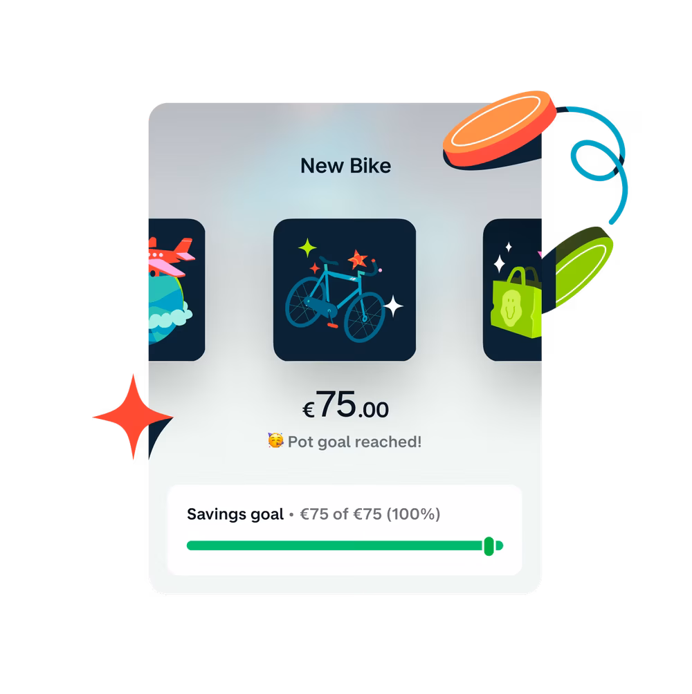 Monzo app showing a 'New Bike’ savings Pot that's reached its €75 goal