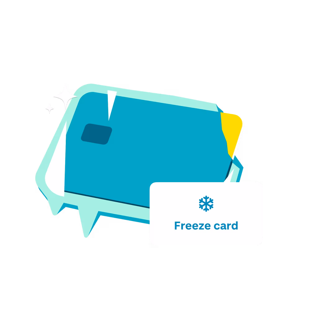 Illustration of a Monzo card with a 'Freeze card' option and snowflake icon