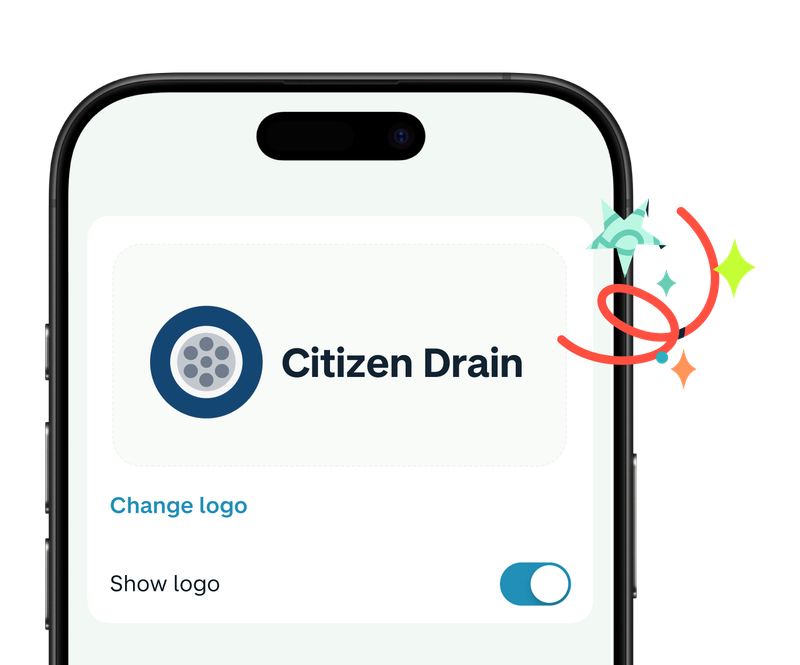 Monzo app invoice branding screen showing the "Citizen Drain" business logo, with options to change the logo and toggle whether it's shown.