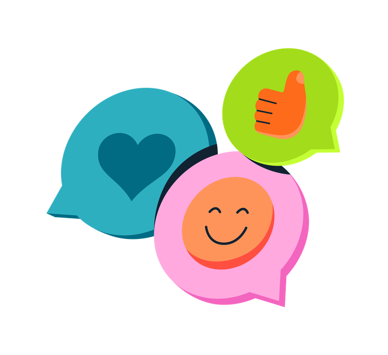 An illustration of speech bubbles containing a heart, a thumbs-up and a smiling face.