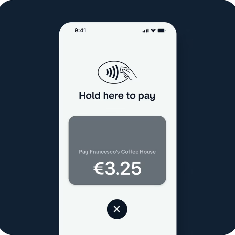 Tap to Pay screen showing a €3.25 payment to Francesco's Coffee House