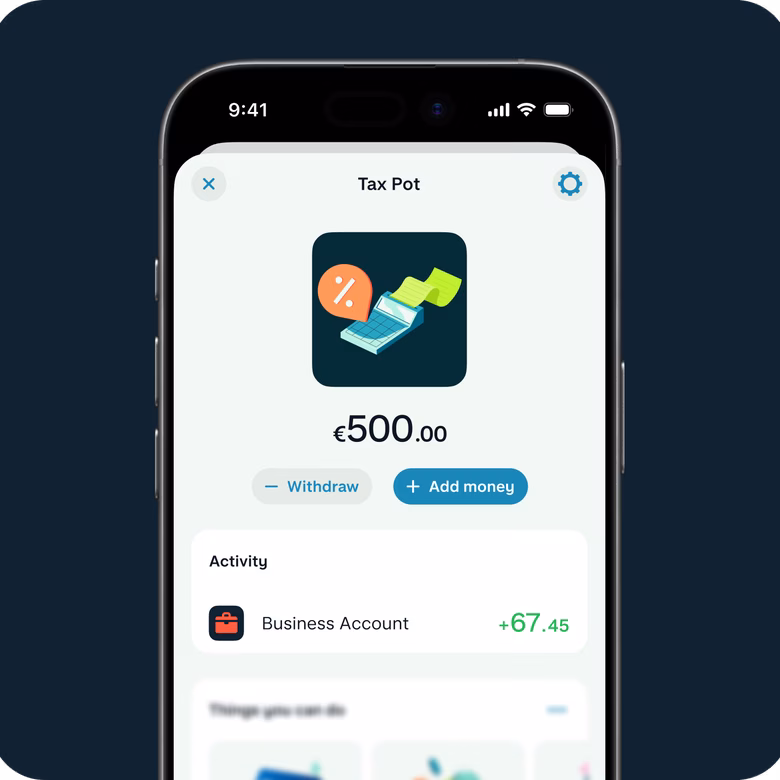 A Monzo Business Tax Pot holding €500 set aside automatically for tax.