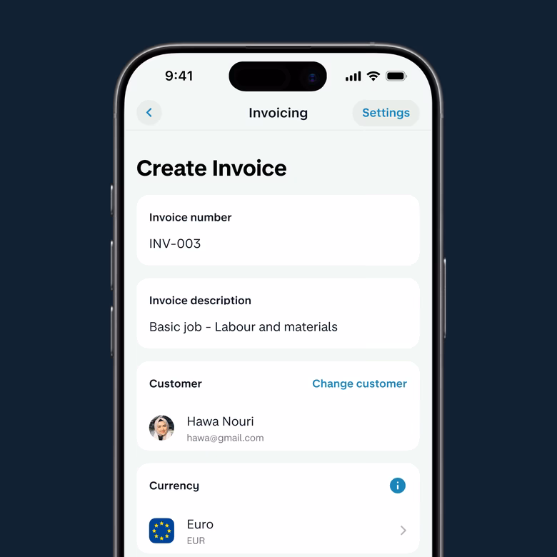 The Monzo Business app creating an invoice, showing invoice number, client and currency details.