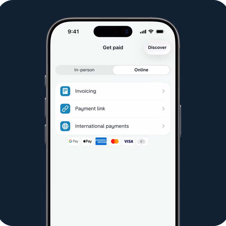 The Monzo Business app showing ways to get paid online - invoices, payment links and card payments.