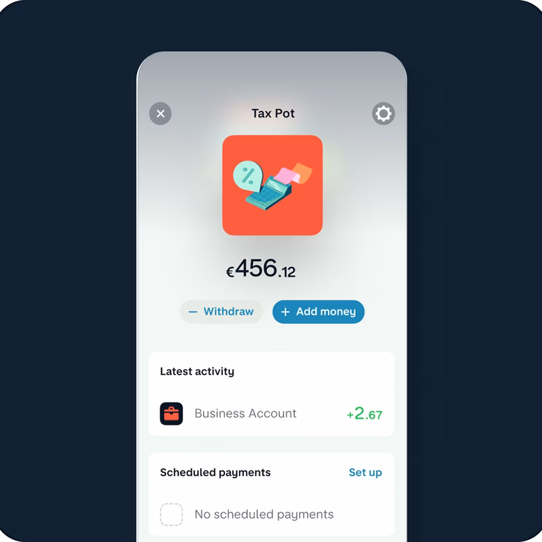A view of the Monzo app showing a Tax Pot with a balance of €456.12.
