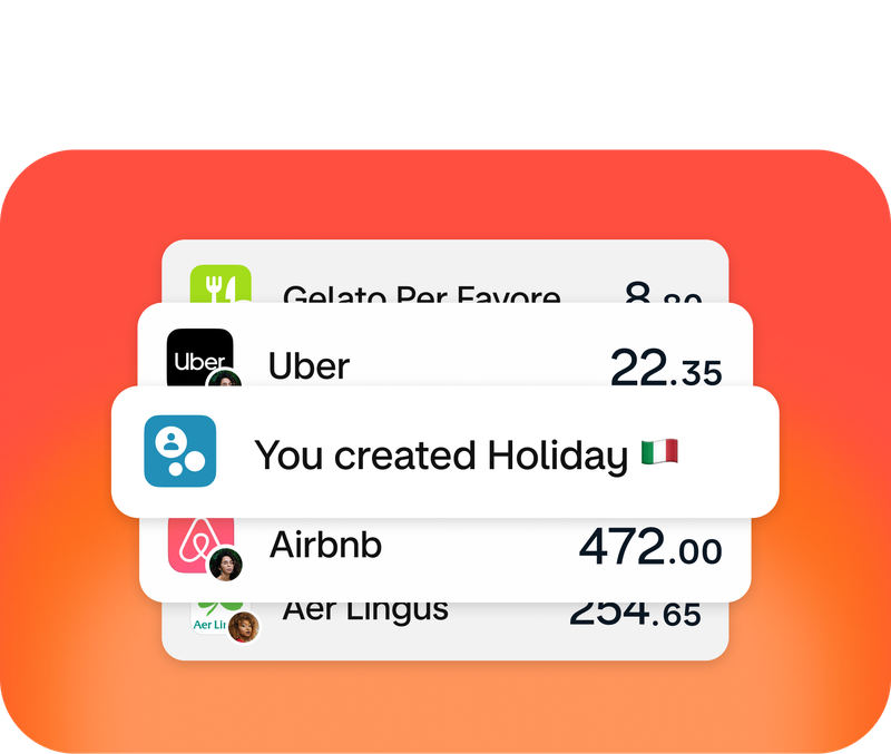 Screen showing transactions within a "holiday" Split – from Uber, Airbnb, Aer Lingus and more. 
