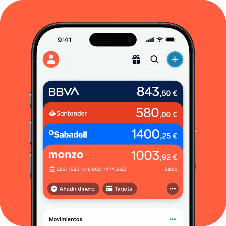 Pantalla de Monzo mostrando varias cuentas bancarias conectadas de BBVA, Santander y Sabadell, junto a la cuenta de Monzo y sus saldos.