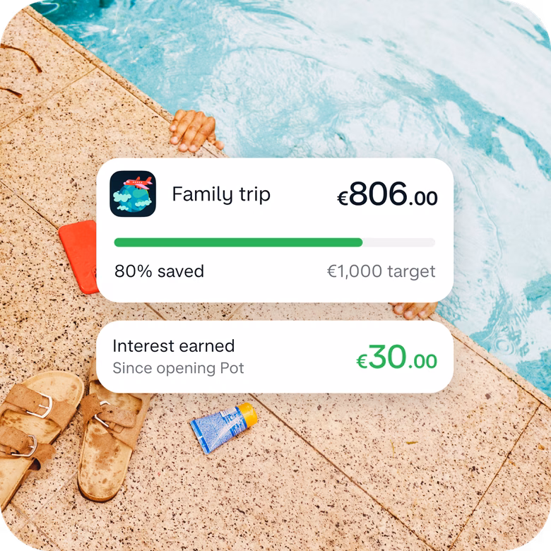 UI image of a 'Holiday Fund' Pot with €450 in it on a hot coral background. 