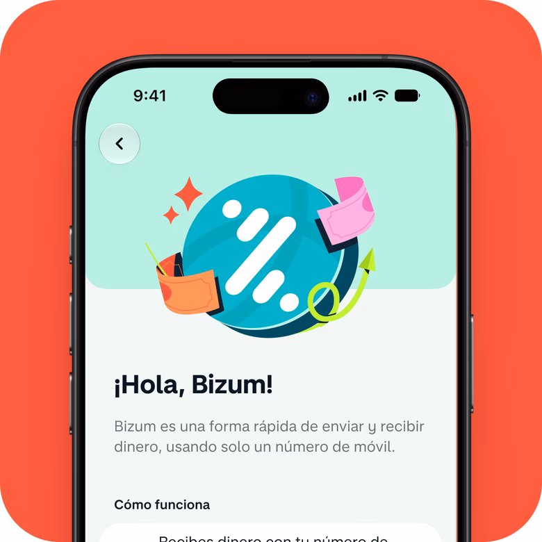 iPhone que muestra la pantalla de bienvenida a Bizum en la app de Monzo, con una ilustración de colores y el mensaje «Hello Bizum!» que presenta el servicio de pagos.