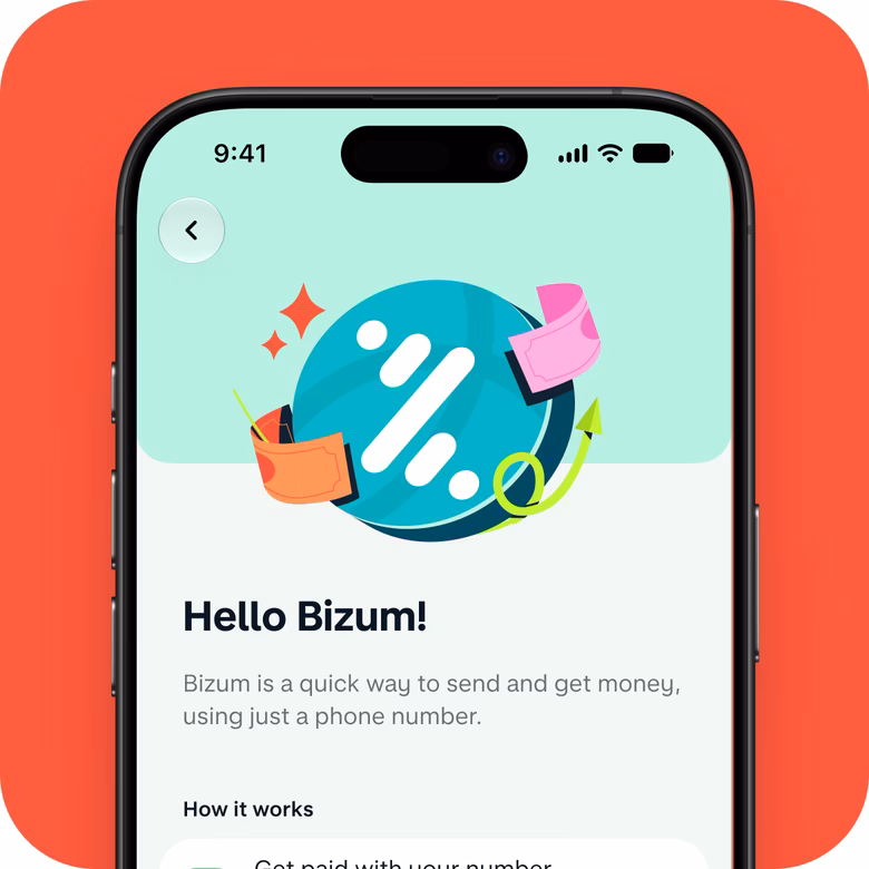 iPhone que muestra la pantalla de bienvenida a Bizum en la app de Monzo, con una ilustración de colores y el mensaje «Hello Bizum!» que presenta el servicio de pagos.