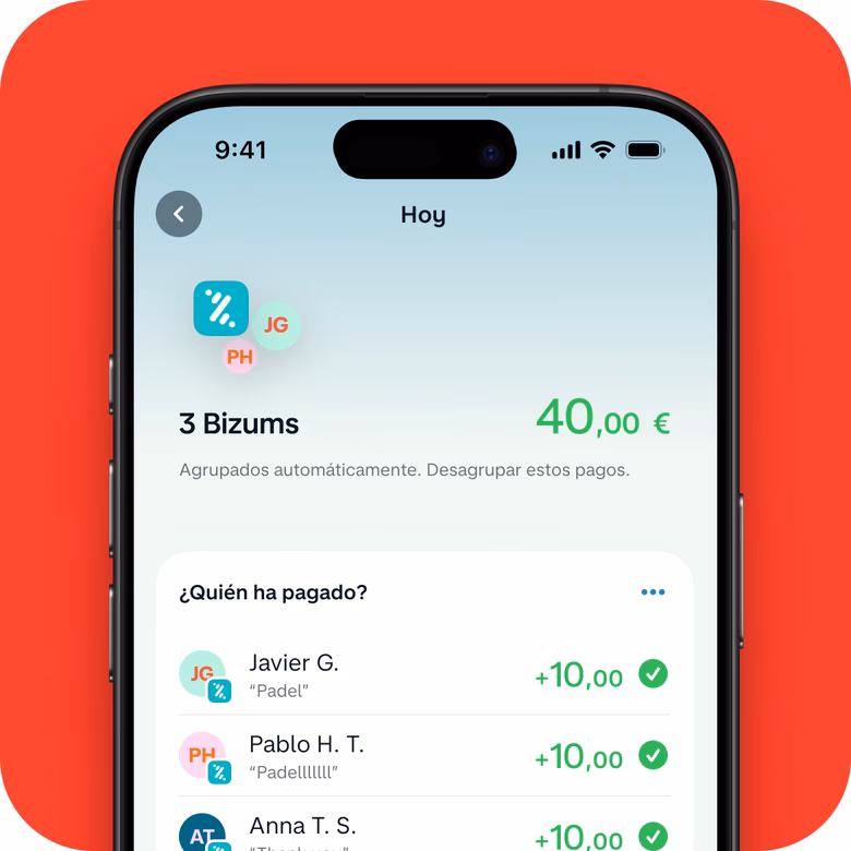 iPhone que muestra la pantalla de Bizum en la app de Monzo, con varios pagos recibidos organizados en una lista, importes en verde y detalles de las operaciones.