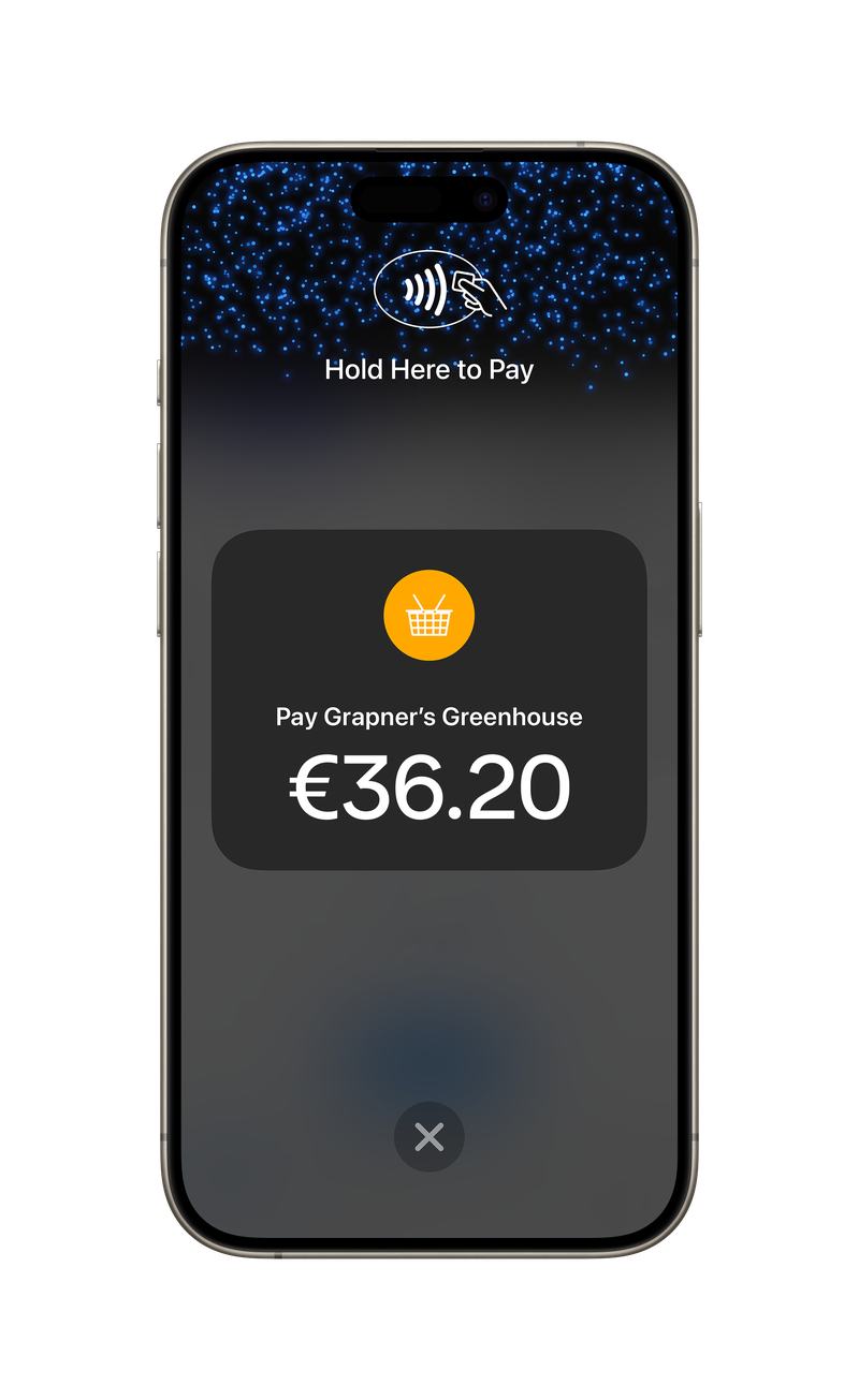 Smartphone displaying a contactless payment screen with the message ‘Hold Here to Pay’ and a €36.20 transaction to Grapner’s Greenhouse.