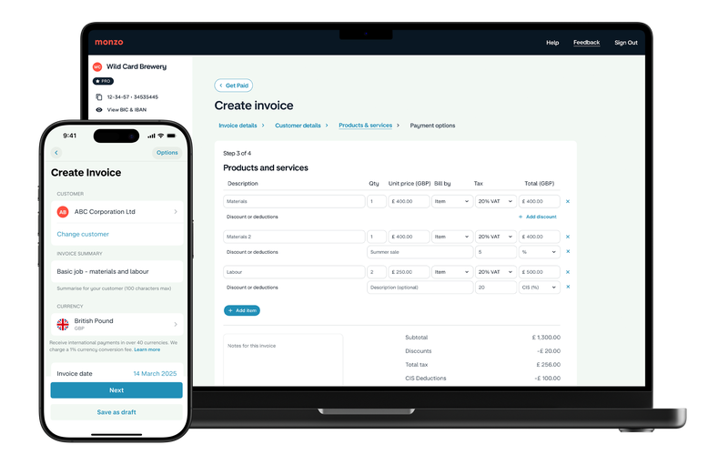 Monzo's Create invoice flow shown on both laptop and phone — the products and services step on desktop and an invoice summary on mobile.