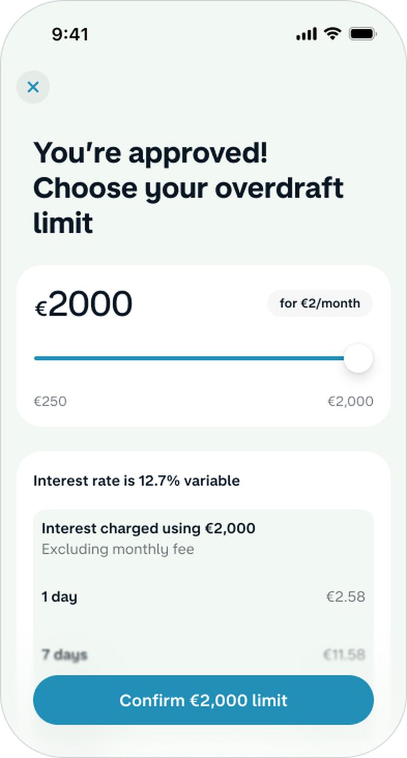 A Monzo app screenshot of the overdraft limit selector, with "You're approved! Choose your overdraft limit" as the heading, showing €2,000 selected at €2 per month, a 12.7% EAR variable rate, and a sample interest charge of €2.58 for 1 day.