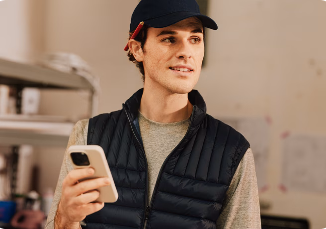 Tradesperson in work gear holding their phone and smiling, ready to manage their business on the go from a construction site.