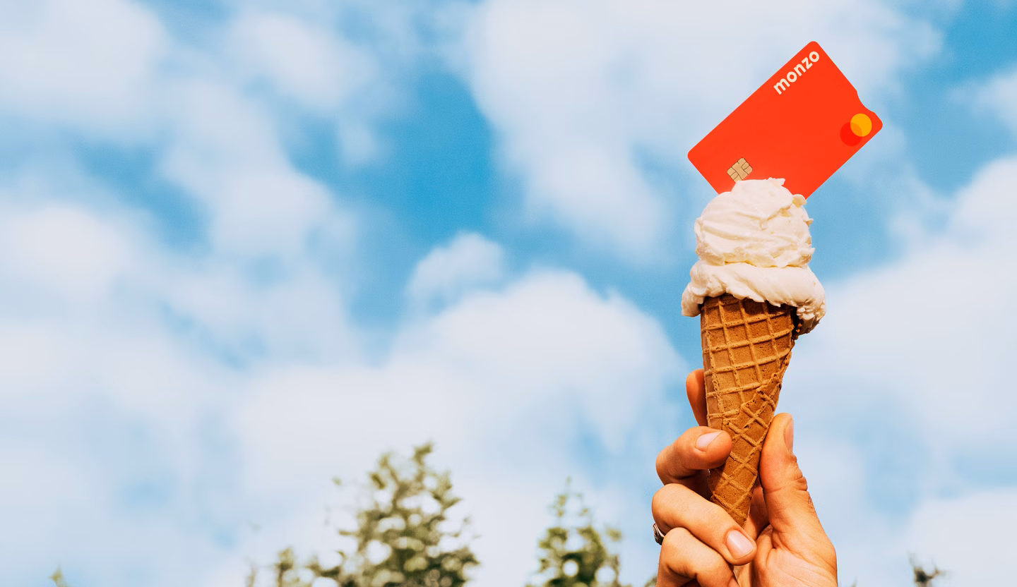 Ice cream with a Hot Coral Monzo card as a flake