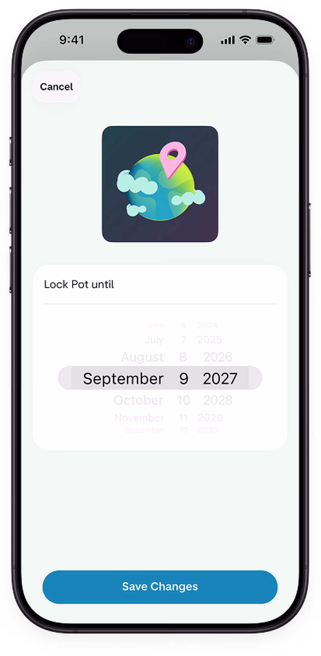 Phone showing a date selector for a savings feature.