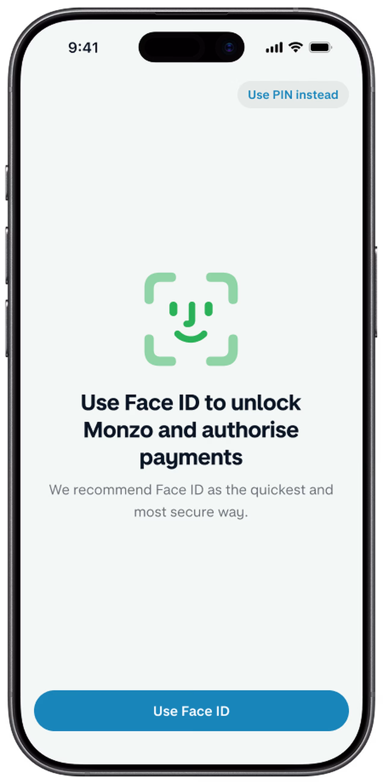 A smartphone displays the Monzo app's biometric facial recognition setup screen, with a green facial recognition icon and text prompting the user to enable it.
