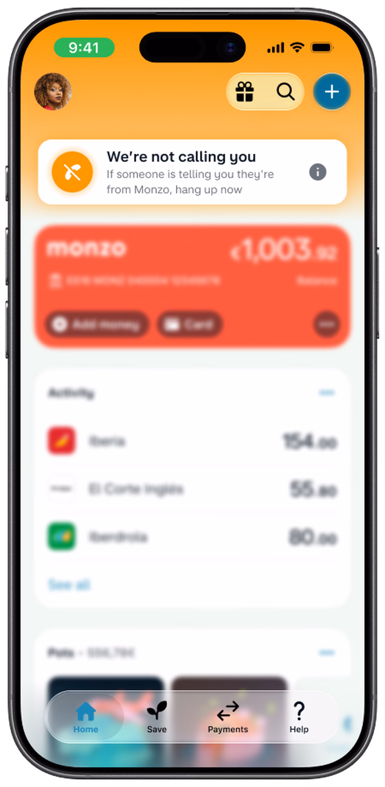 Phone displaying the Monzo account overview and card controls.