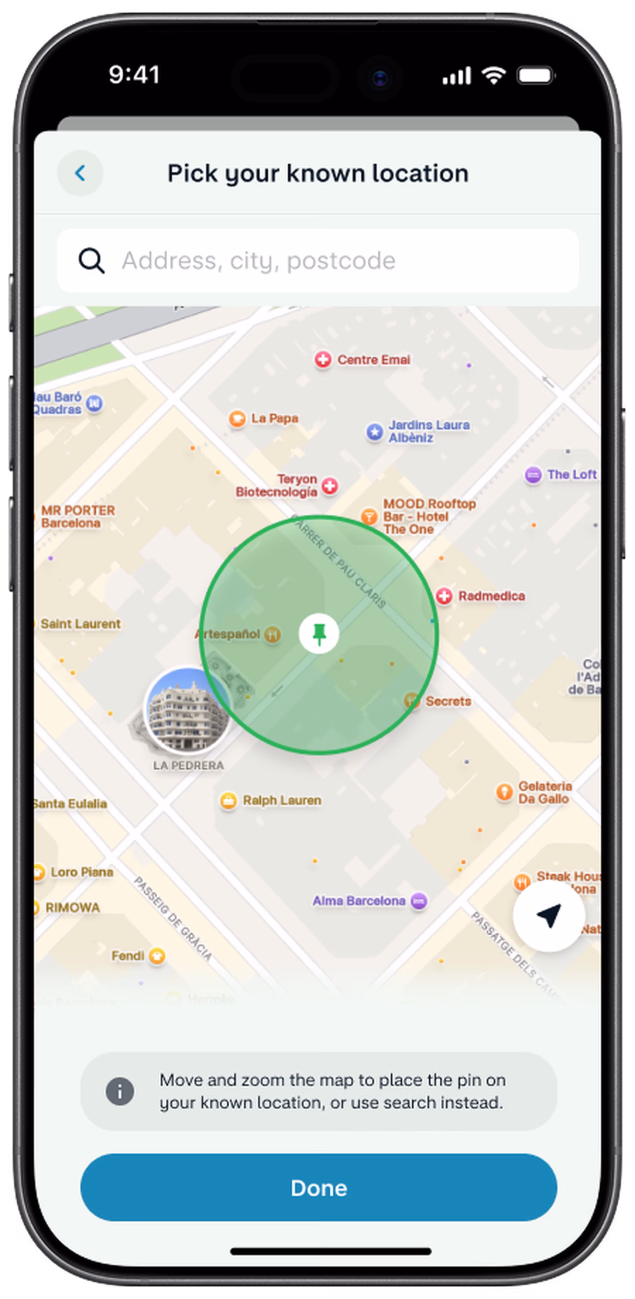 A smartphone showing the Monzo app's extra security controls page, with a map showing a green circular pin, an "Add location" header, and instructions to move the pin to a known location.