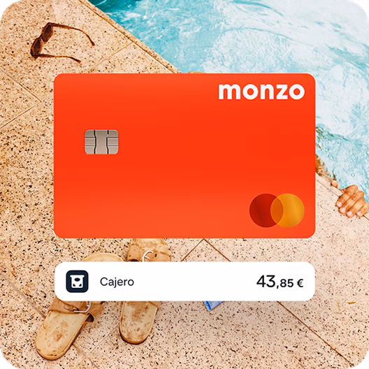 Tarjeta de débito de Monzo que representa pagos sin comisiones en el extranjero.