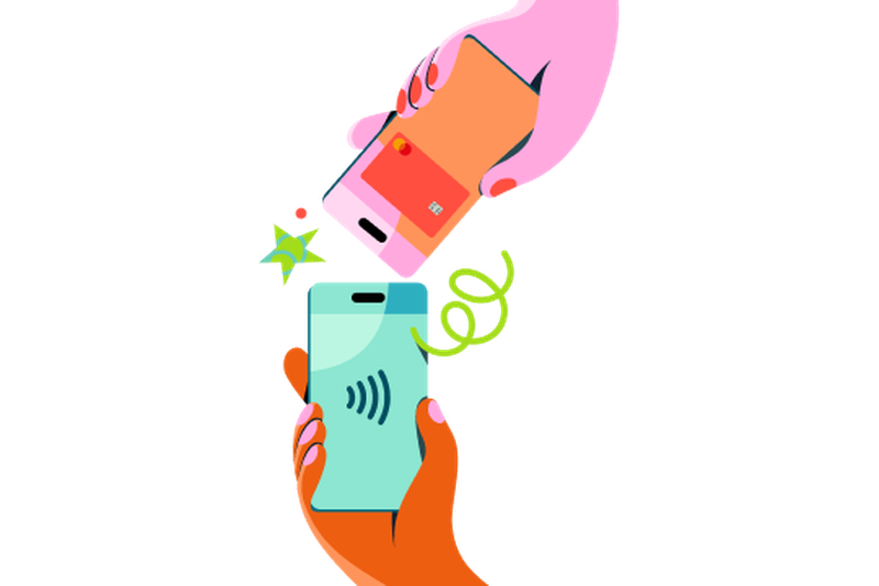 An illustration of two phones being tapped together, one shows a contactless symbol and the other shows a Hot Coral Monzo card
