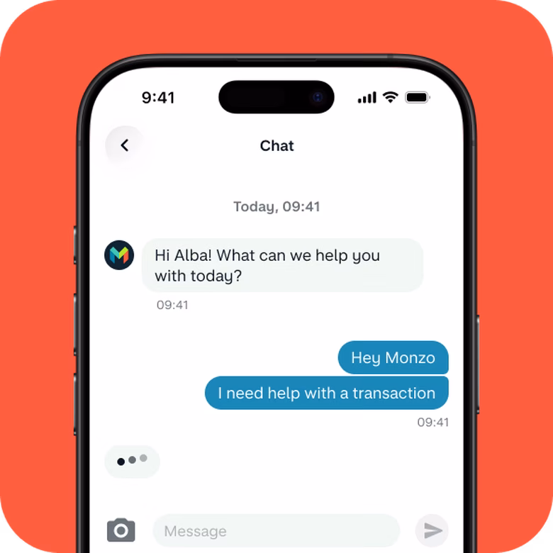 Phone showing a customer support chat in the Monzo app.