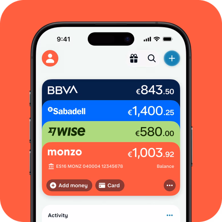 Phone displaying balances across BBVA, Revolut, Wise and Monzo accounts in one place, providing a complete view of finances.