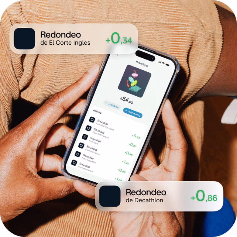 Teléfono que muestra Redondeos que ahorran automáticamente el cambio de las compras.