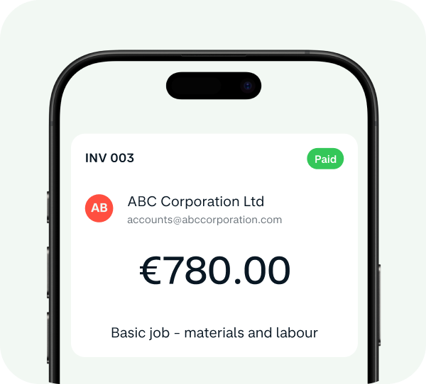 Monzo app invoice screen showing invoice INV 003 for ABC Corporation Ltd for €780.00, marked as paid.
