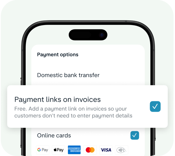 Monzo app payment options screen highlighting free payment links on invoices, plus online card payments via Google Pay, Apple Pay and major card networks.
