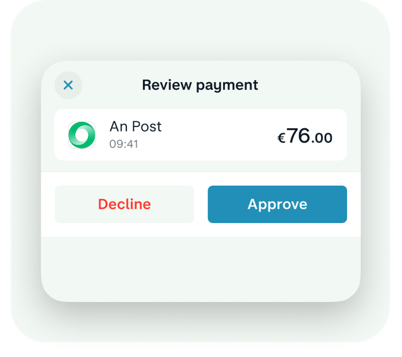 Monzo app "Review payment" screen for a €76.00 payment to An Post, with Decline and Approve options.