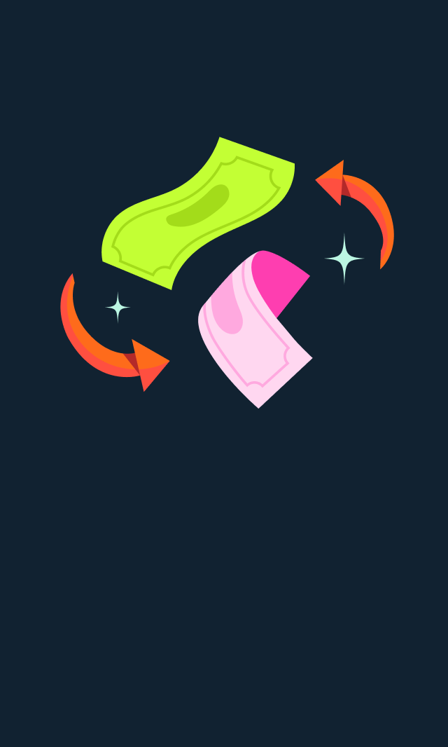 Ilustración colorida de cashback con billetes y un recibo.