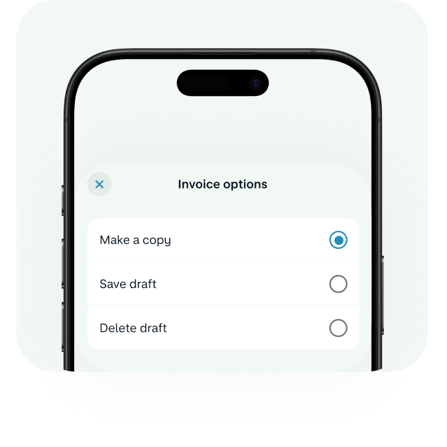 Monzo app "Invoice options" screen with options to make a copy, save draft or delete draft.