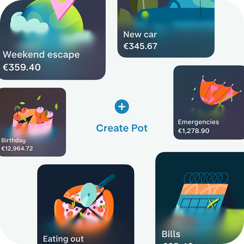 Savings Pots for holidays, car costs, emergencies, restaurants and bills.