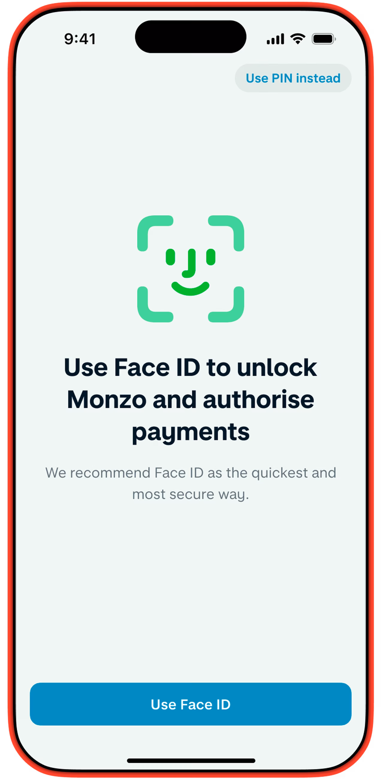 Monzo's Face ID screen to unlock the app and authorise payments