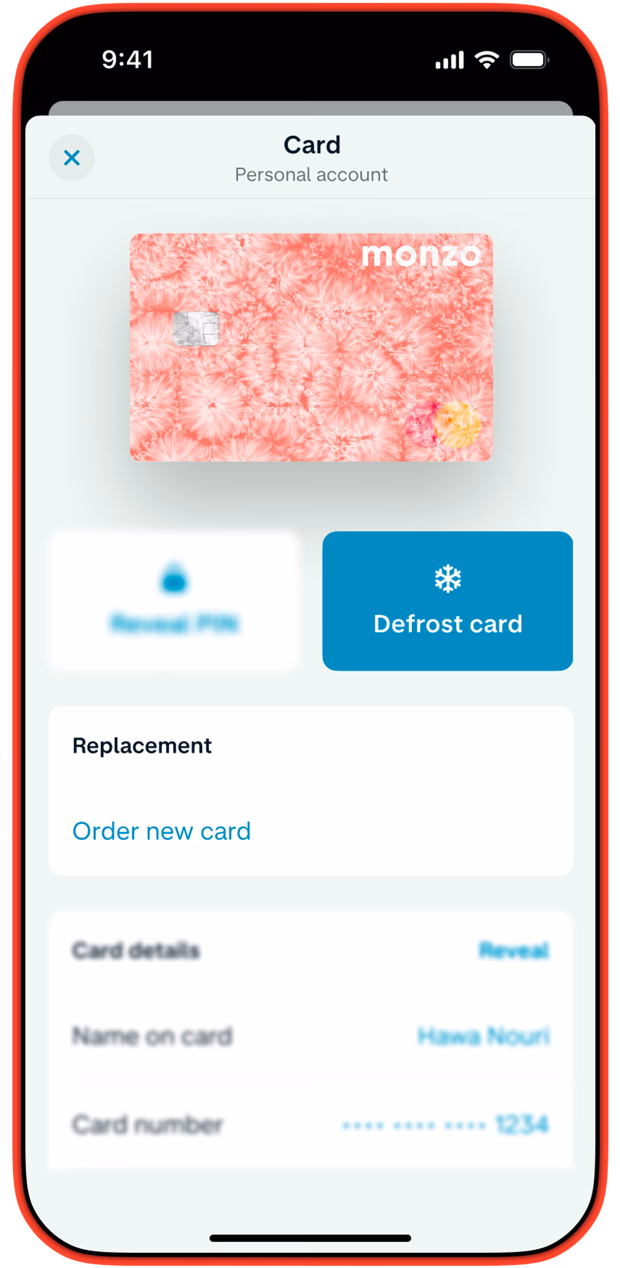 Monzo card screen with the card frozen and a "Defrost card" button